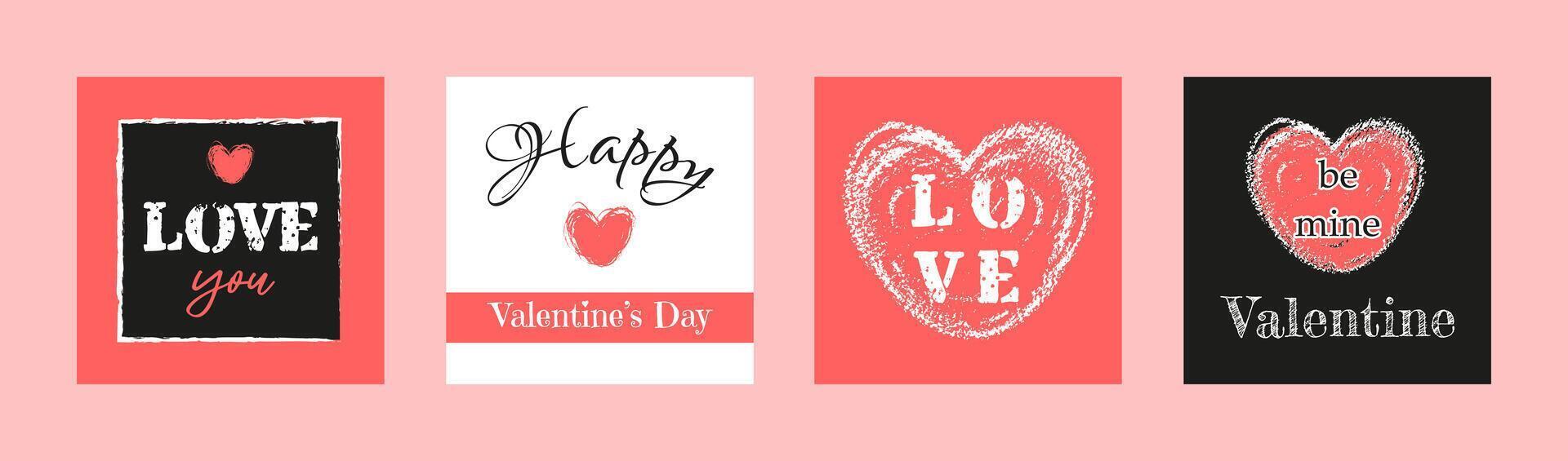 Set of Happy Valentines Day cards with heart. Hand drawn red, white and black design elements. Vector illustration in flat style. Cute love poster, social posts, gift or greeting cards, stickers.