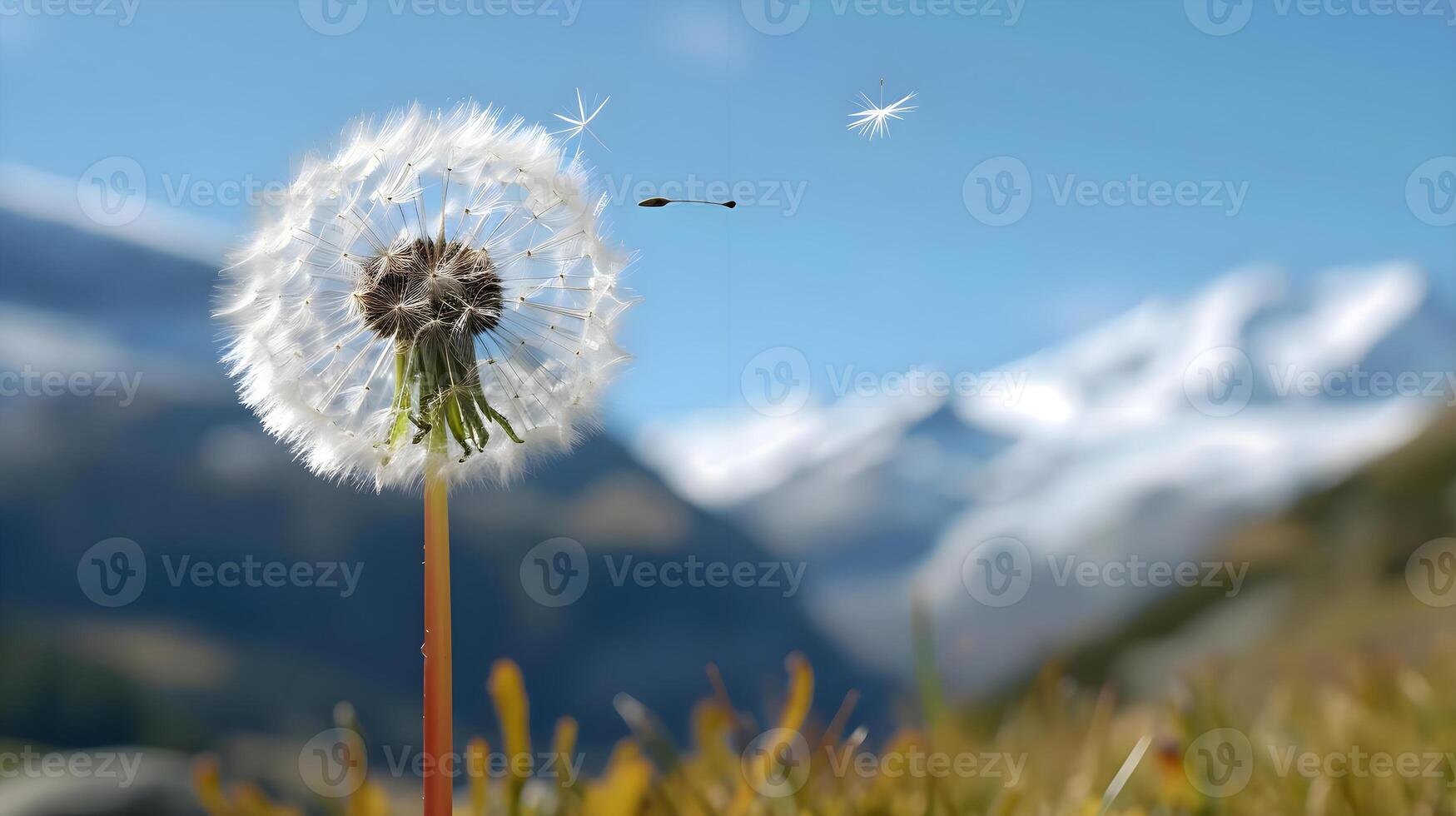 ai generado un diente de león soplo en el viento con montañas en el antecedentes foto