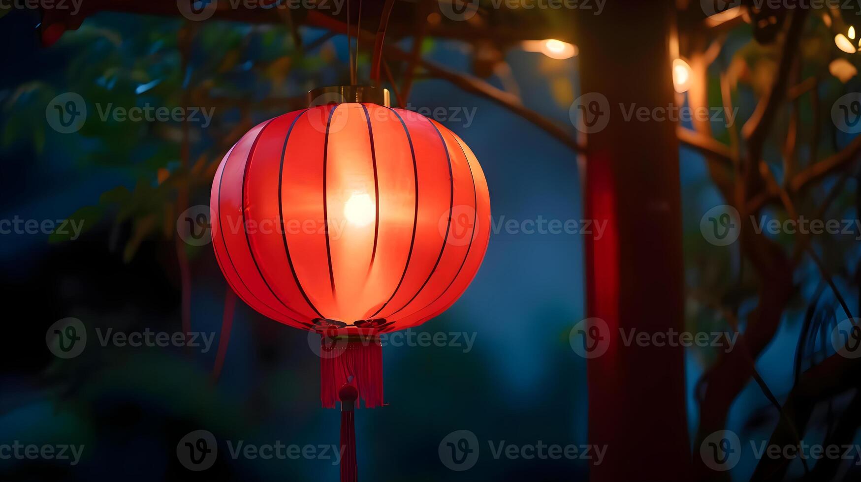 AI generated a red lantern is hanging from a tree photo