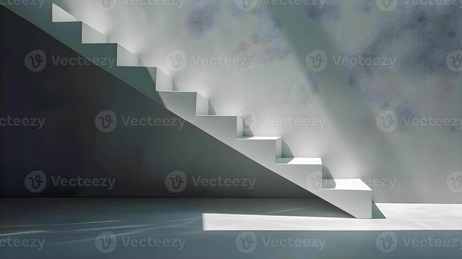 AI generated a white staircase with a shadow of a person walking up it photo