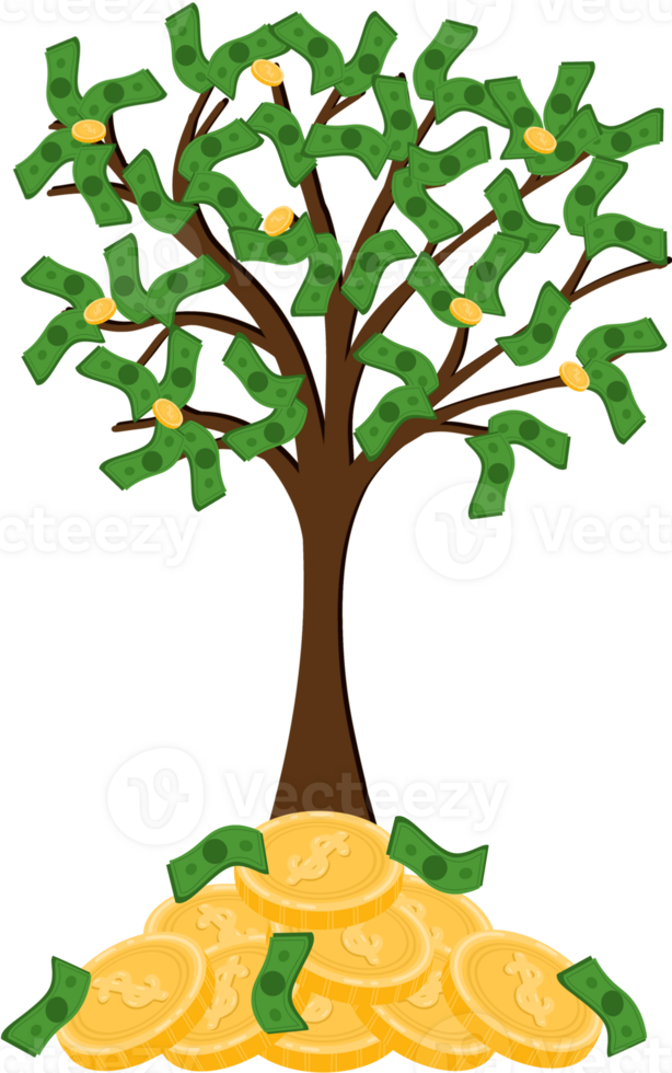 Reichtum Akkumulation und das Compoundierung von Geld investiert im Unternehmen resultierend im das Wachstum von zahlreich Münzen und Banknoten, ähnlich zu ein blühend Baum. png