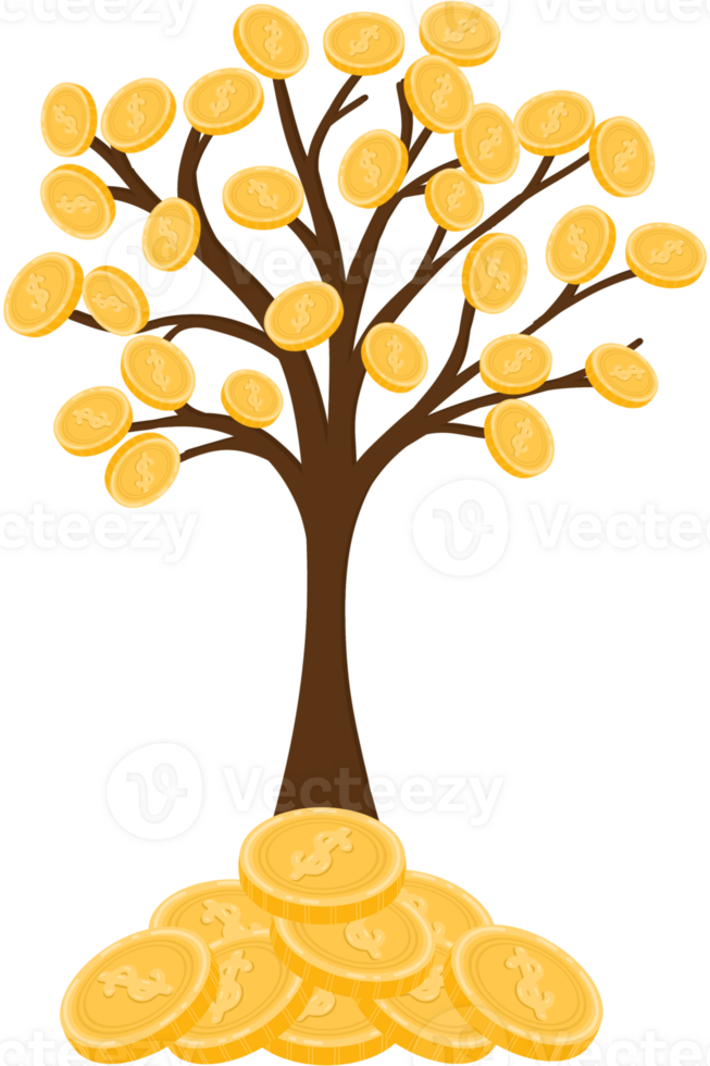 Wealth accumulation and the compounding of money invested in businesses resulting in the growth of numerous coins and banknotes, akin to a flourishing tree. png