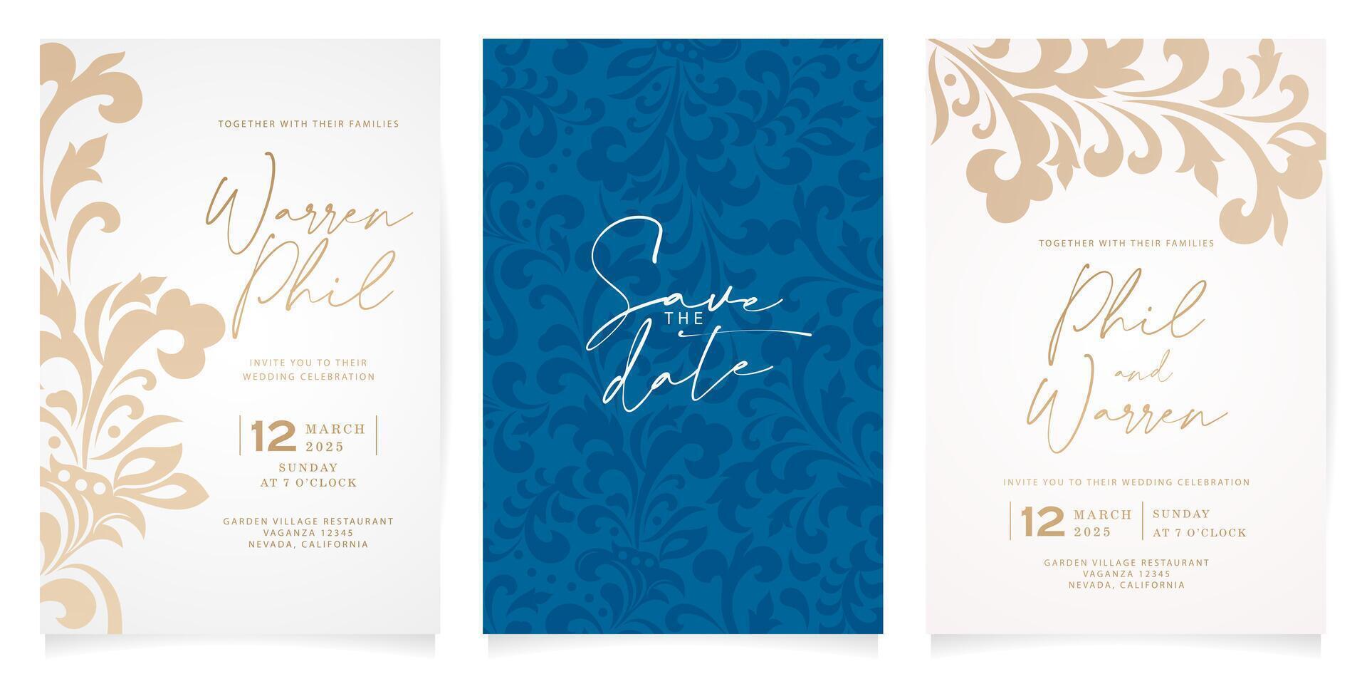 conjunto de Tres Boda invitaciones con un dorado ornamento y oscuro azul modelo diseños para papelería, diseños, collages, escena diseño, evento volantes, fiesta celebracion tarjeta papel impresión, cubrir etiqueta vector