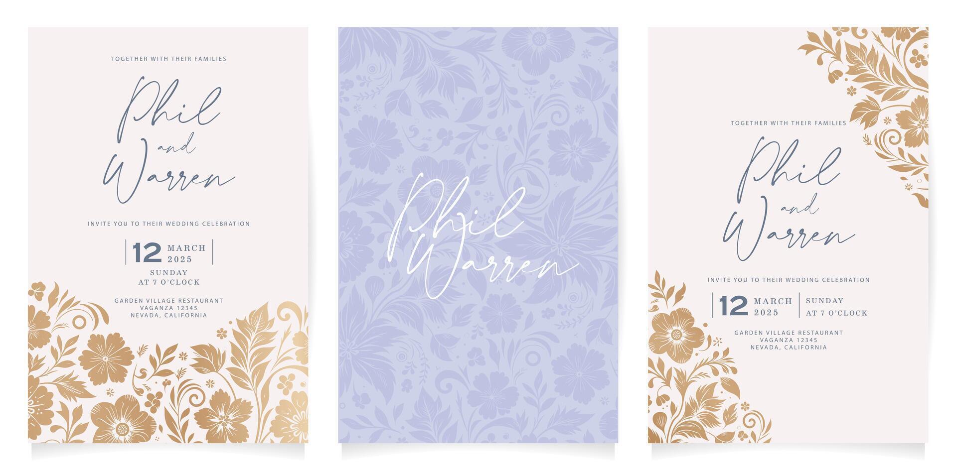 Tres Boda invitaciones tarjetas conjunto con oro y azul diseños plantillas con floral antecedentes para saludos tarjetas plantilla, papelería, disposición, collage, escena diseños, evento volantes, huellas dactilares materiales vector