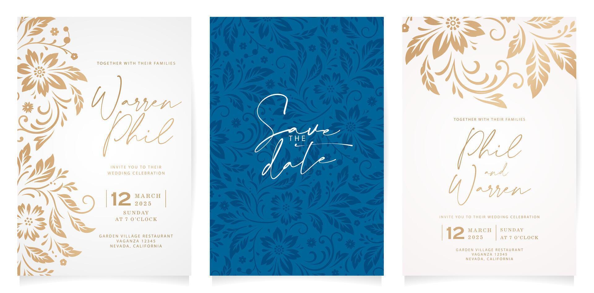 Tres Boda invitación tarjetas con oro y azul floral diseños ornamento para papelería, diseños, collages, escena diseños, evento volantes, fiesta celebraciones tarjetas documentos impresión cubiertas, dorado láminas vector