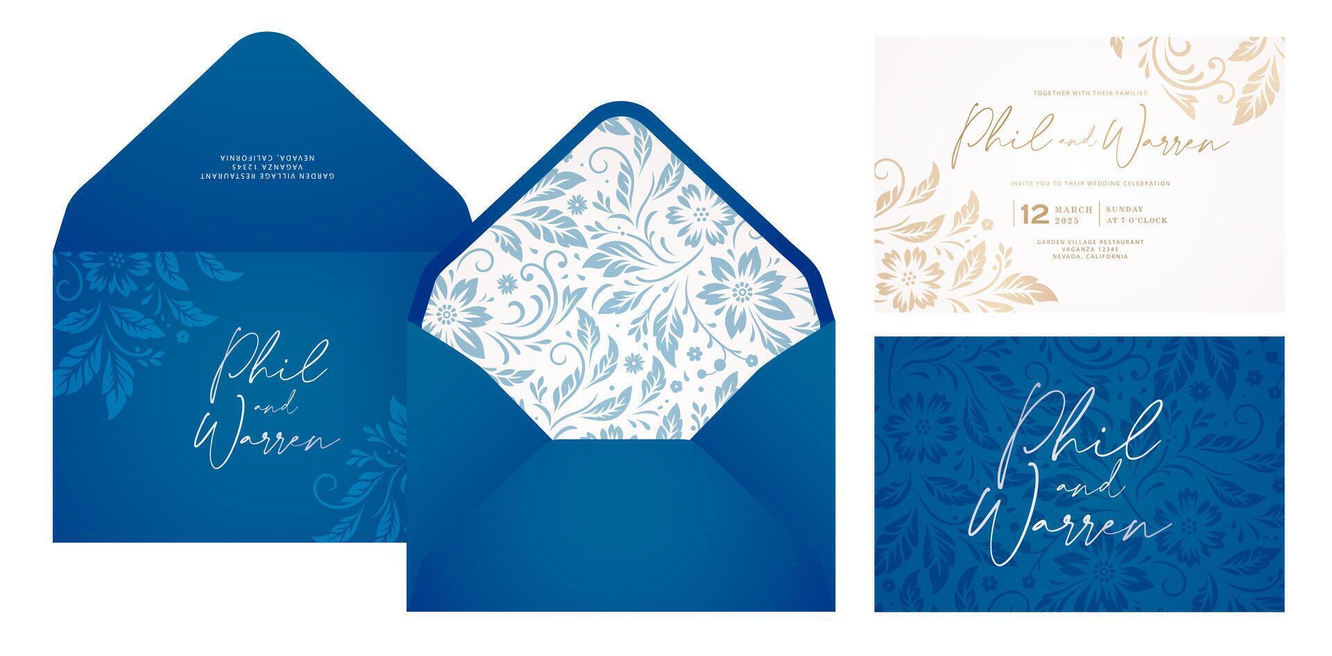 wedding invitations set with blue envelope and floral designs isolated color backgrounds for Stationery, Layouts, collages, scene designs, event flyer, Holiday celebration cards papers printing covers vector