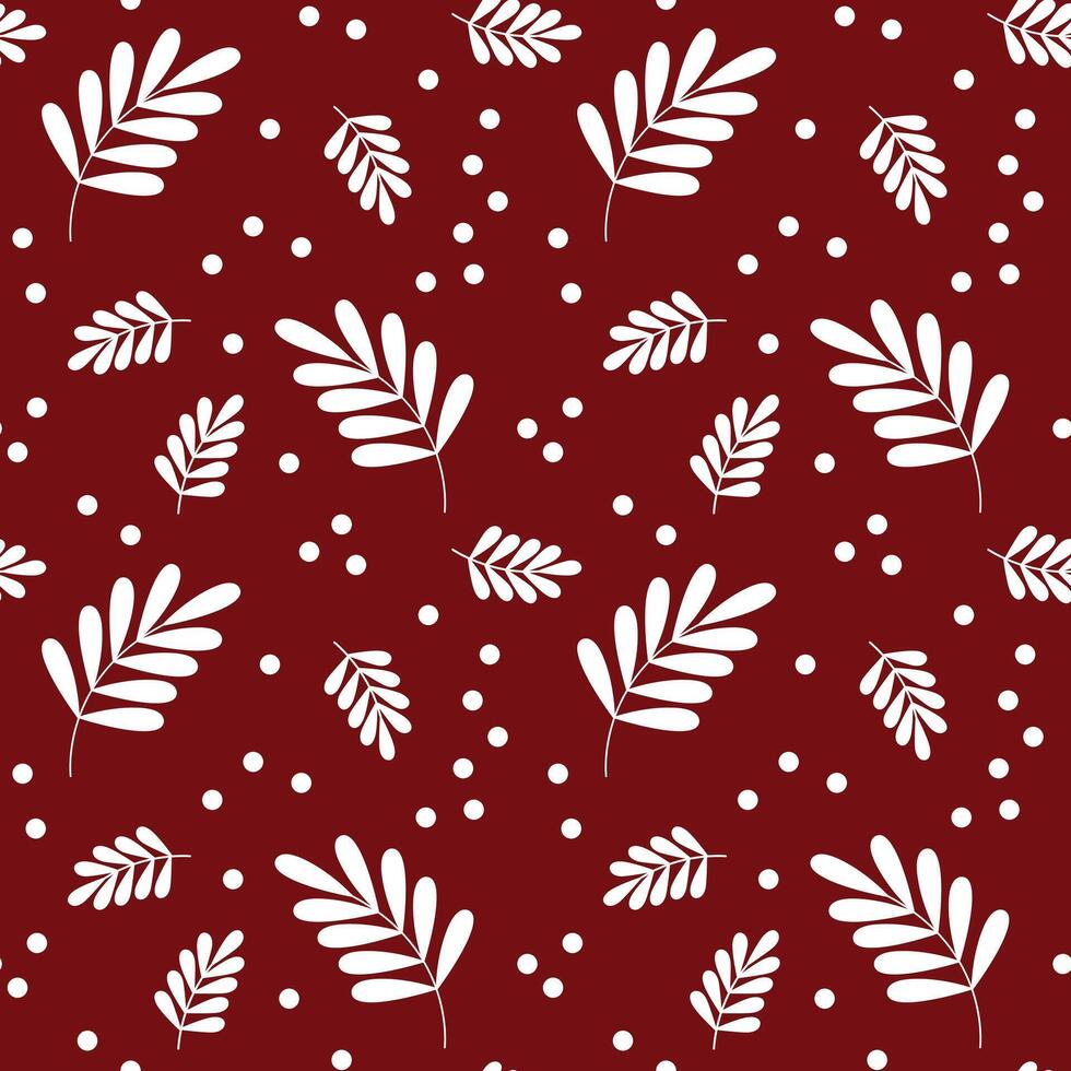 Minimal leaf seamless pattern vector. White leaves and pollen on red background. Floral and garden theme wallpaper. Christmas decoration. Cute design for greeting card, gift box, fabric, dress, skirt. vector