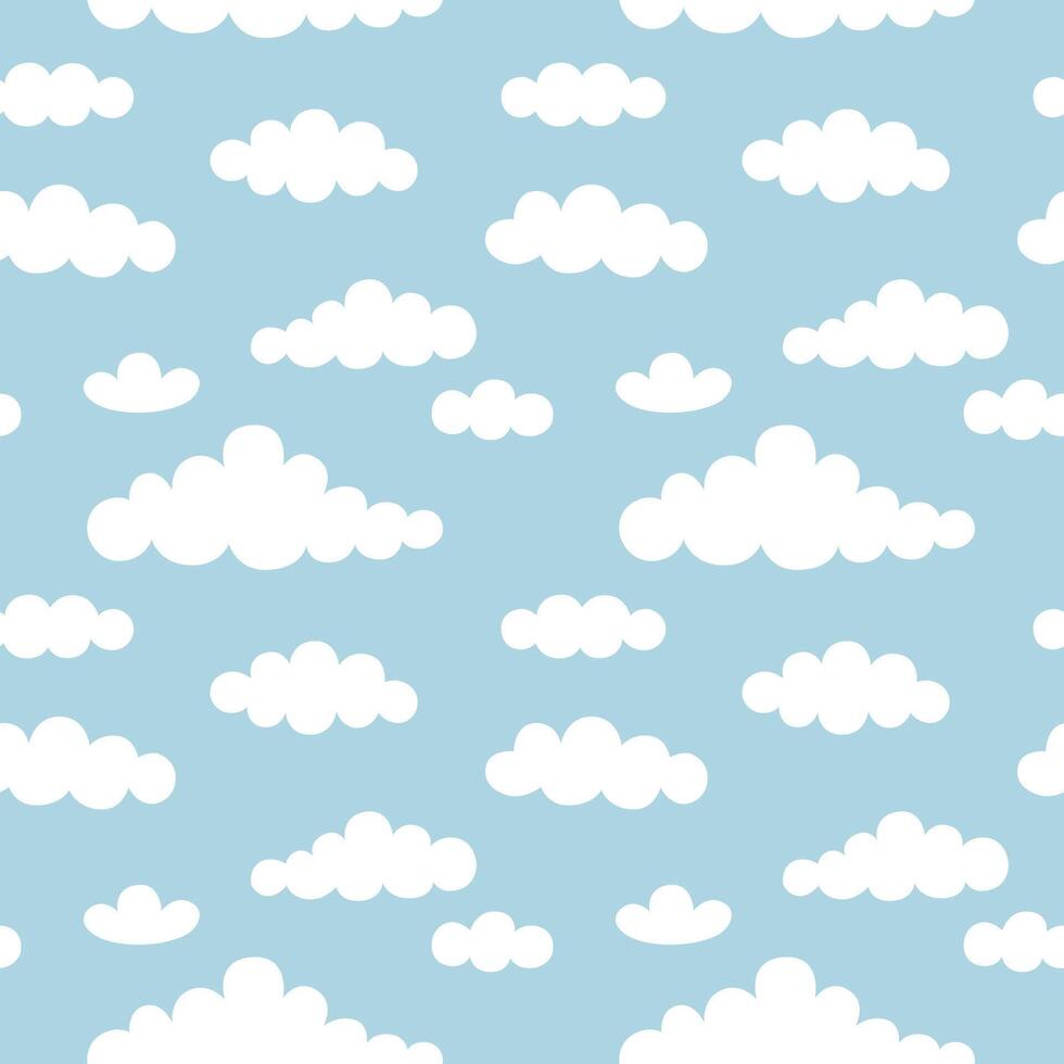 Cute cartoon white cloud on pastel blue sky background. Cloudy sky seamless pattern vector. Minimal wallpaper. Design for fabric, kid cloth, shirt, skirt, dress, scarf, bedsheet, pajama, print, paper. vector