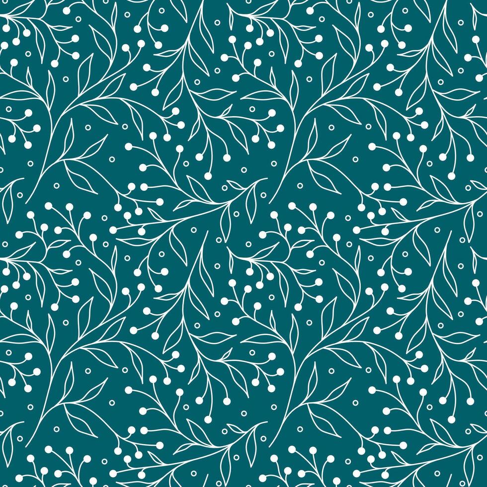 Beautiful floral theme seamless pattern vector. White leaf, flower and fruit on emerald green background. Garden wallpaper. Design for greeting card, gift box, wrapping paper, fabric, dress, scarf. vector