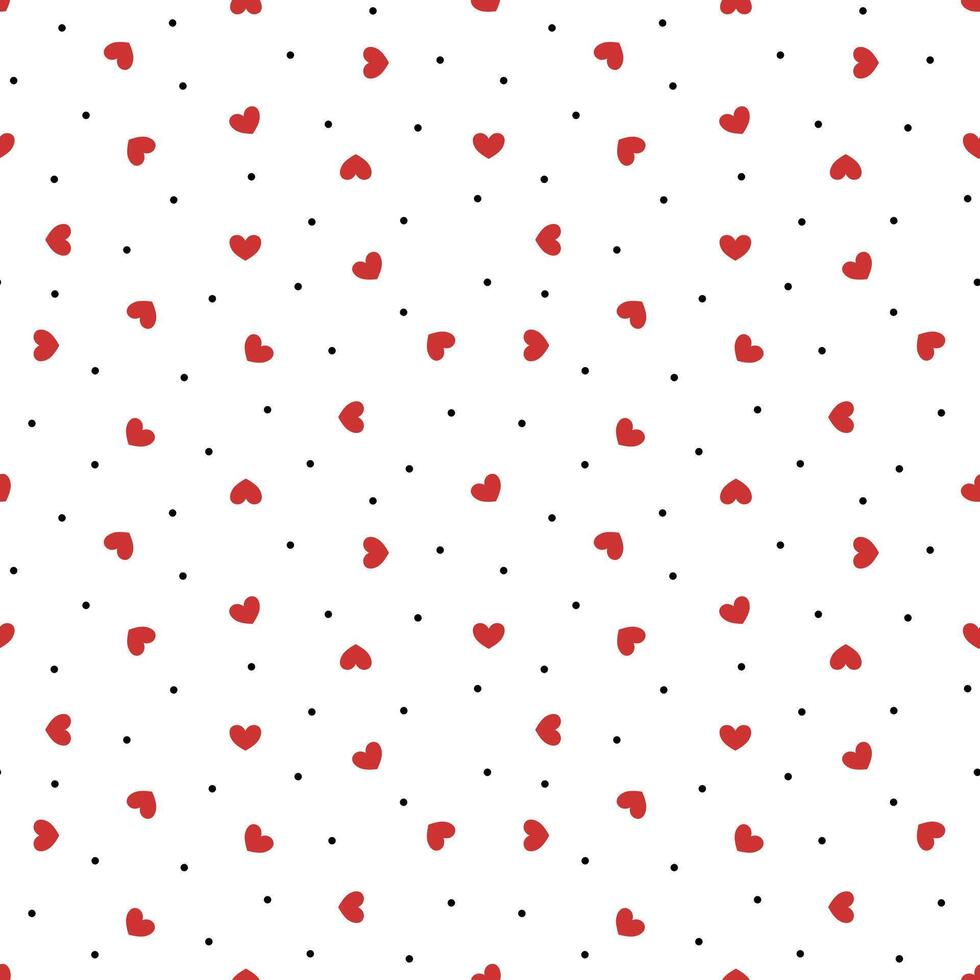 Valentine heart seamless pattern vector. Red heart and black dots on white background. Minimal wallpaper. Symbol of love. Cute design for fabric, dress, shirt, skirt, scarf, card, wrapping paper. vector