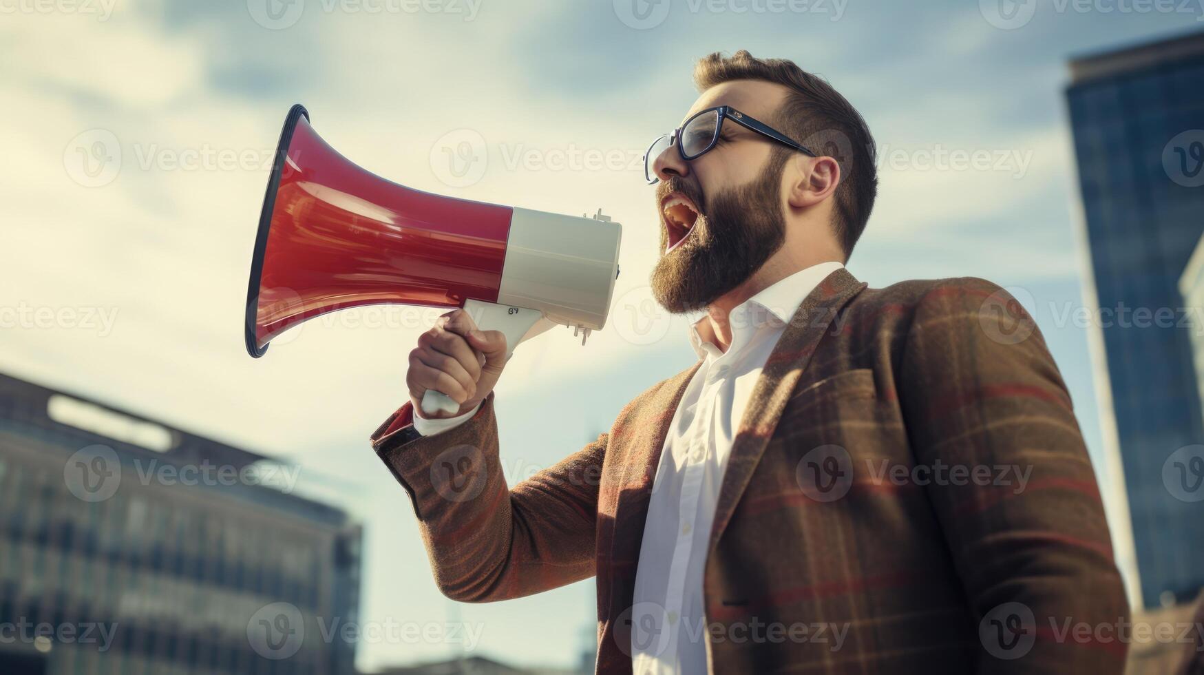 AI generated Big sale. Emotional portrait of marketing professional with megaphone. photo