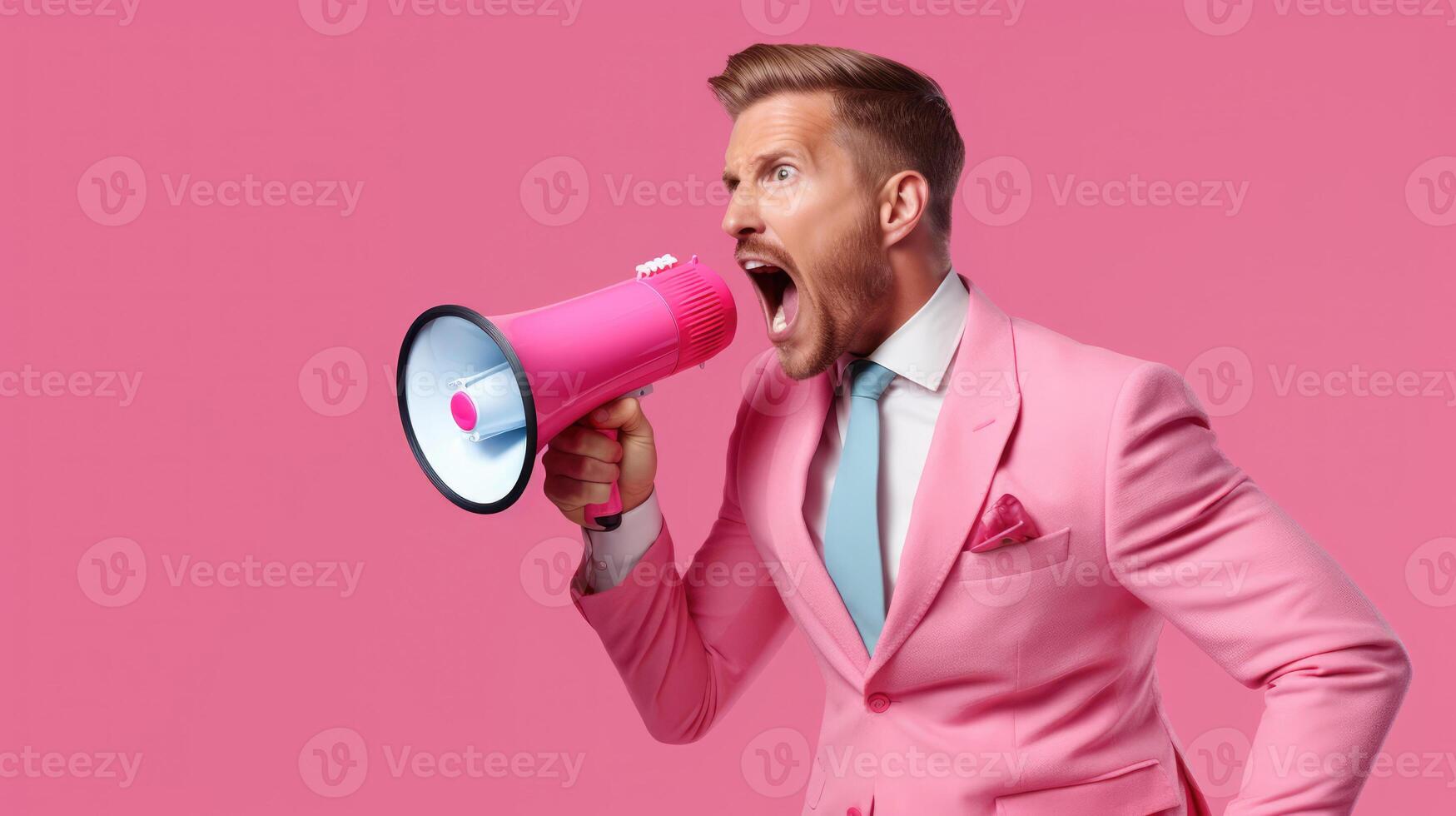 AI generated Big sale. Emotional portrait of marketing professional with megaphone. photo