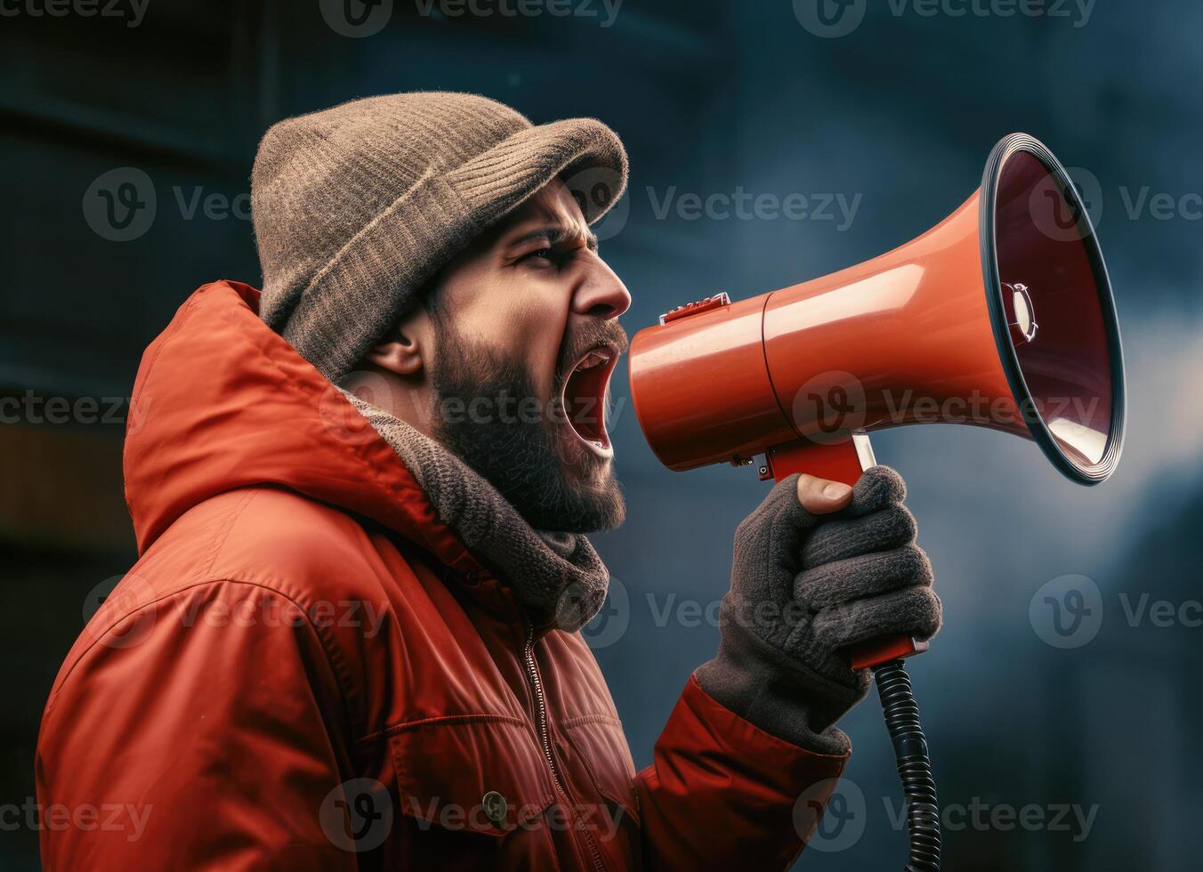 AI generated Big sale. Emotional portrait of marketing professional with megaphone. photo