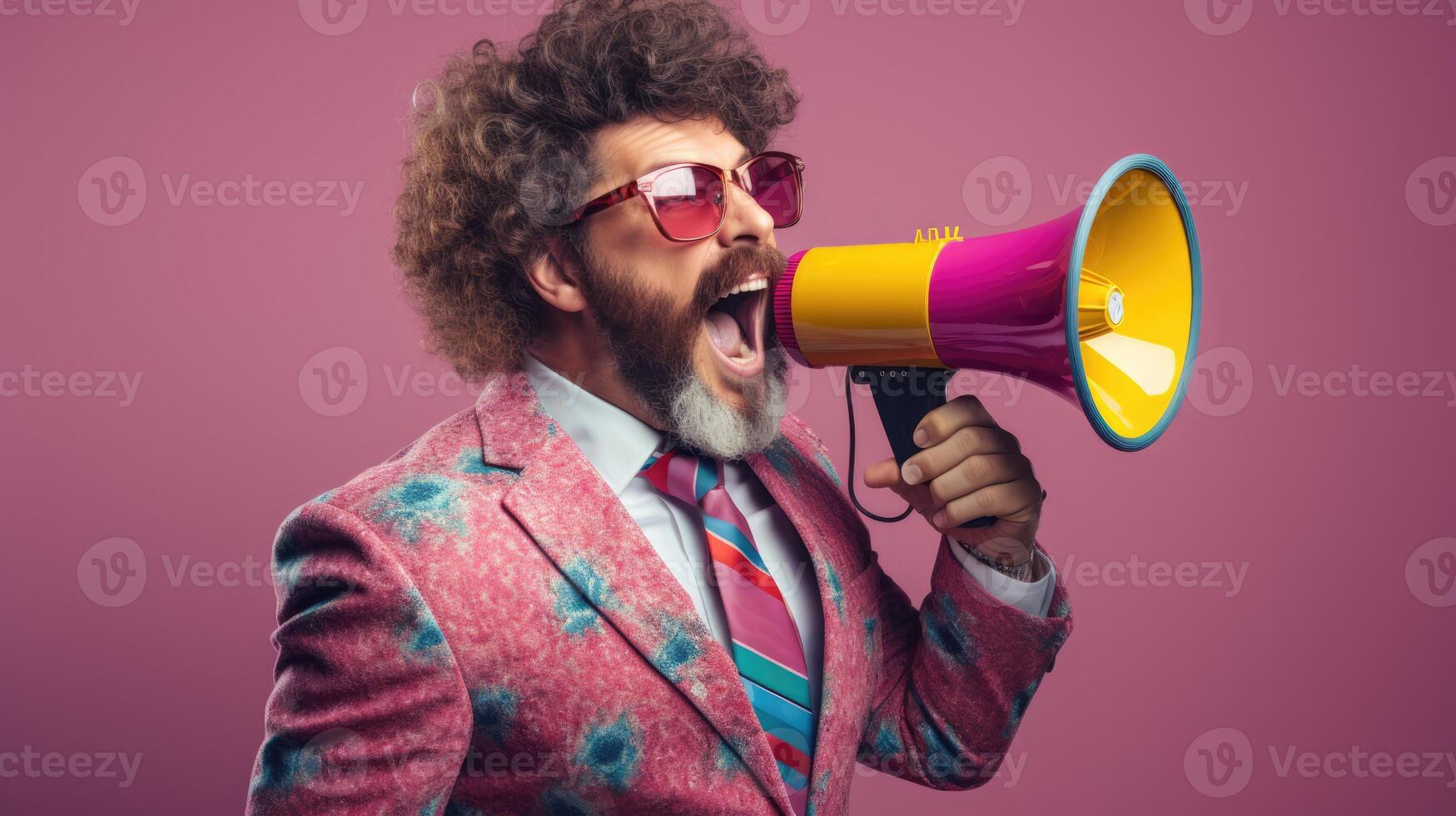 AI generated Big sale. Emotional portrait of marketing professional with megaphone. photo