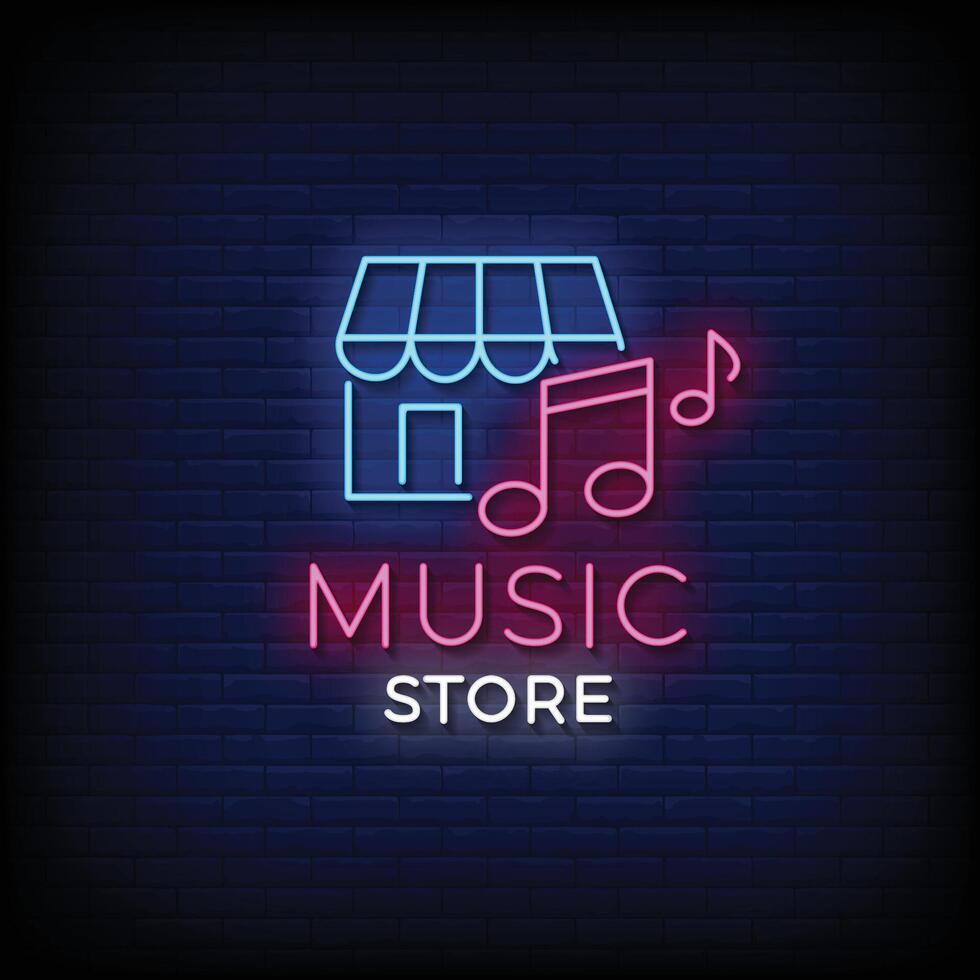 tienda de música de letrero de neón con vector de fondo de pared de ladrillo