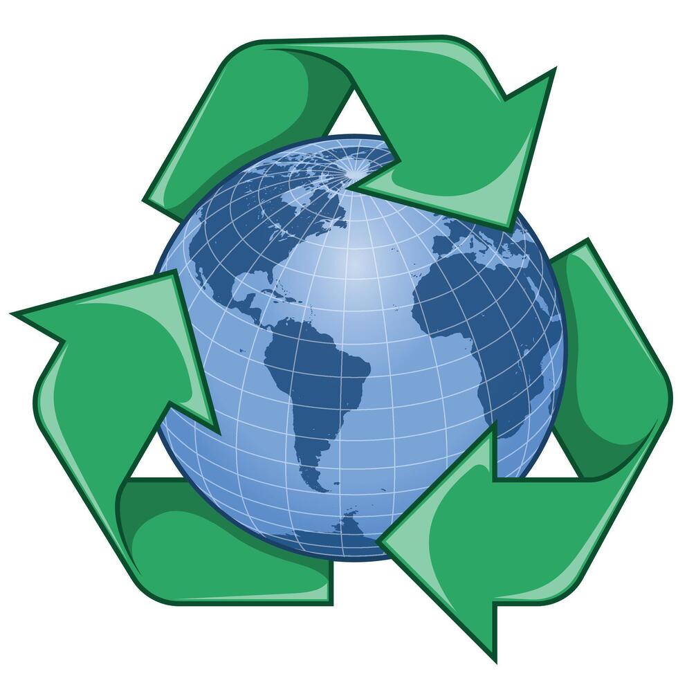Recycling logo vector design with Planet Earth, earth sphere design with recycling arrows