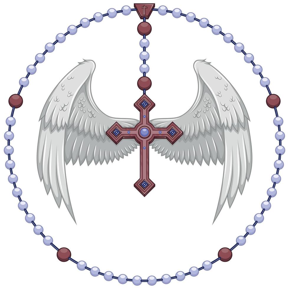 Vector design of winged cross with Christian rosary, heavenly cross with wings, symbology of the Catholic religion