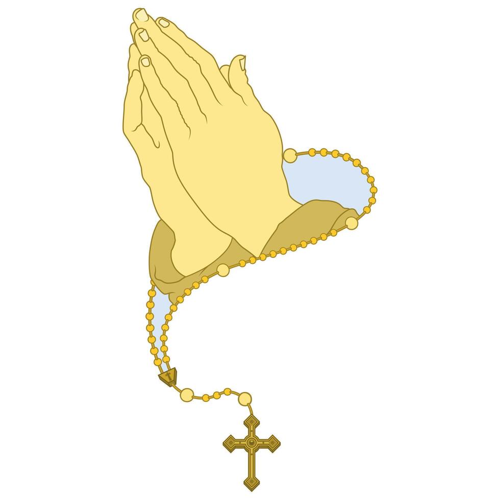 Vector design of praying hands with christian rosary, symbol of catholic religion