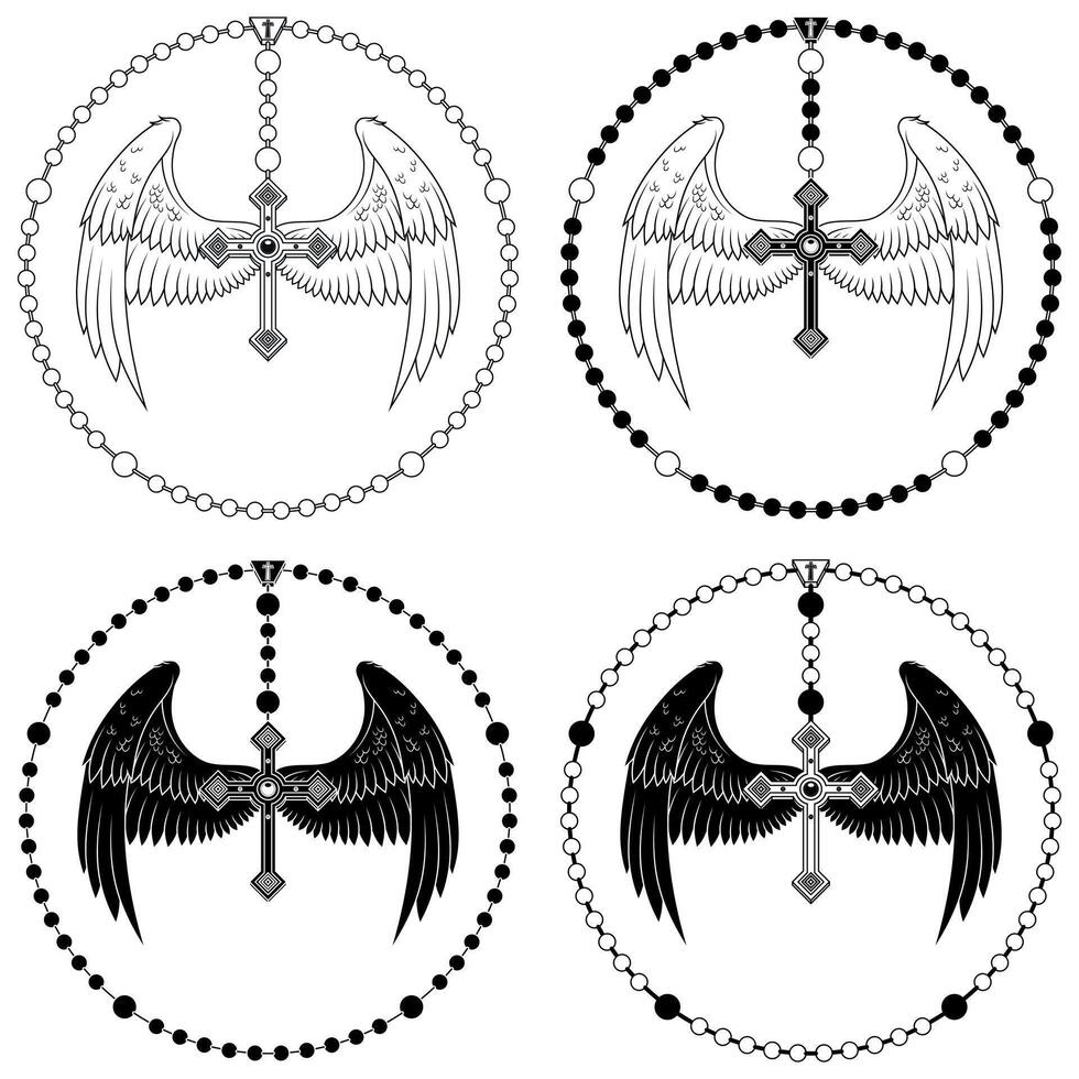 Vector design of winged cross with Christian rosary, heavenly cross with wings, symbology of the Catholic religion