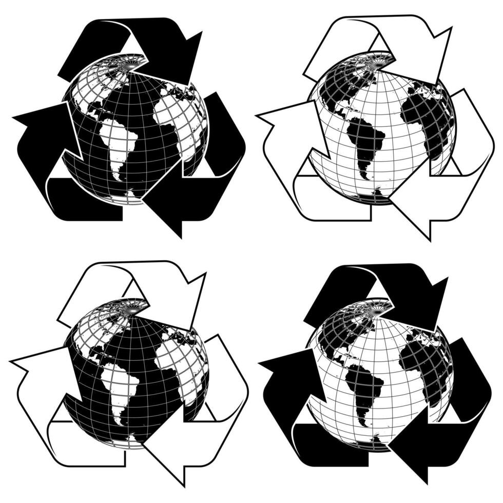 Recycling logo vector design with Planet Earth, earth sphere design with recycling arrows