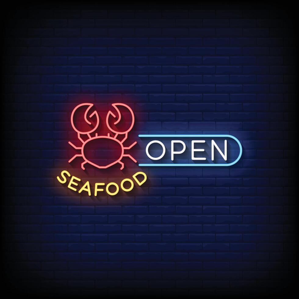 Neon Sign seafood open with brick wall background vector