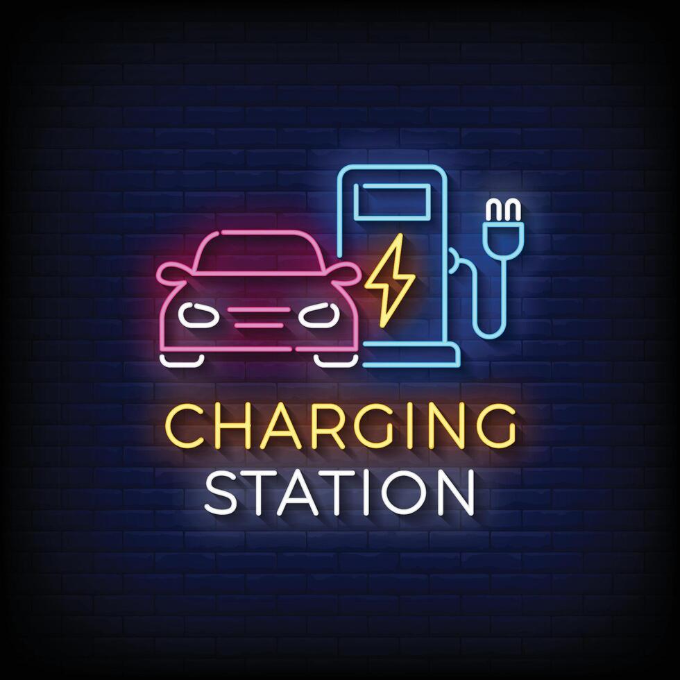 Neon Sign charging station with brick wall background vector