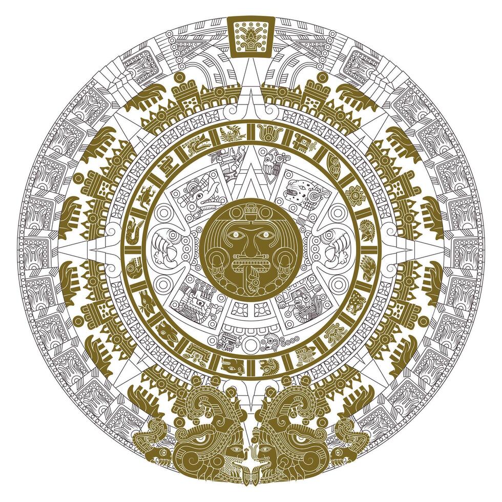 Vector design of Aztec calendar, monolithic disk of the ancient Mexica, sun stone of the Aztec civilization