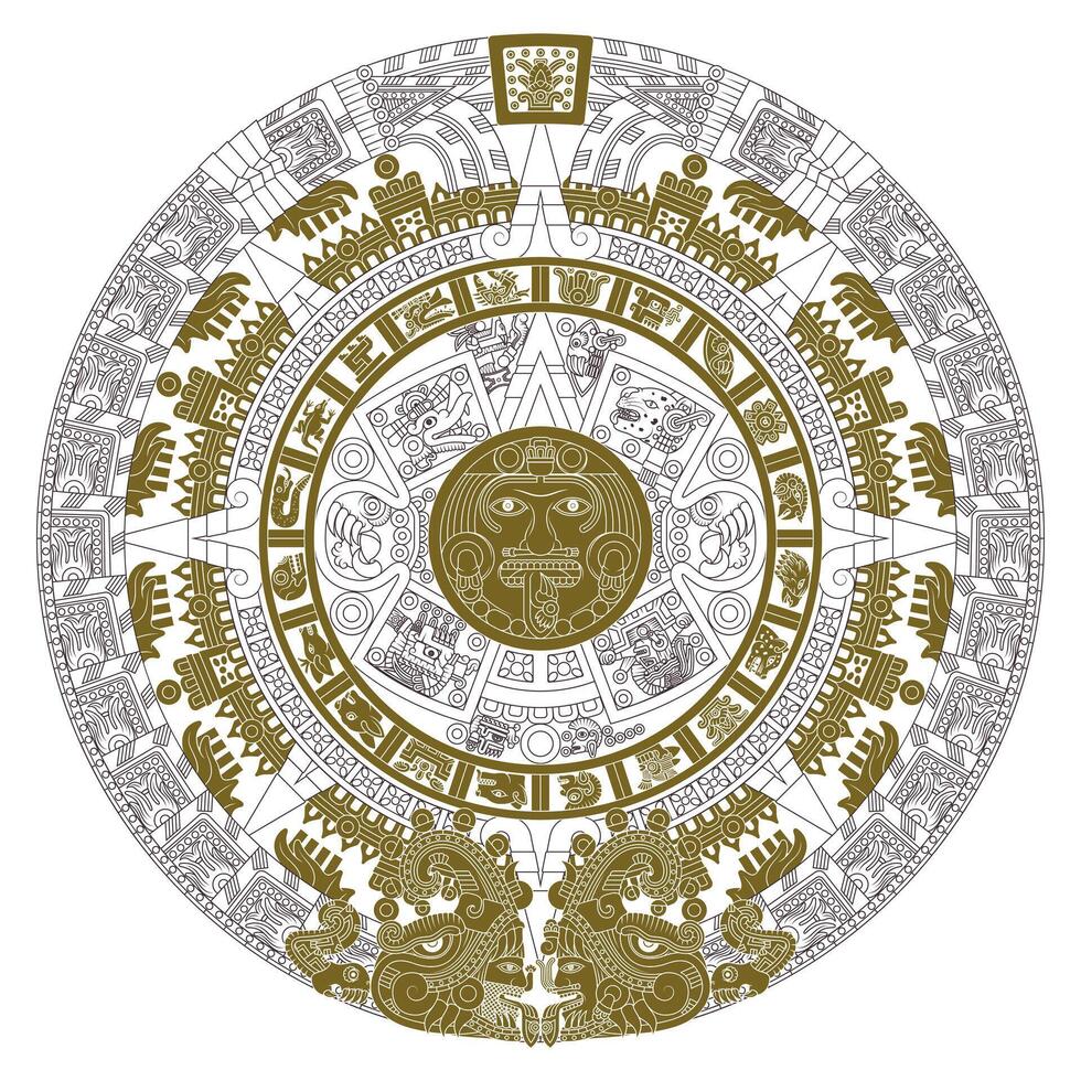 Vector design of Aztec calendar, monolithic disk of the ancient Mexica, sun stone of the Aztec civilization