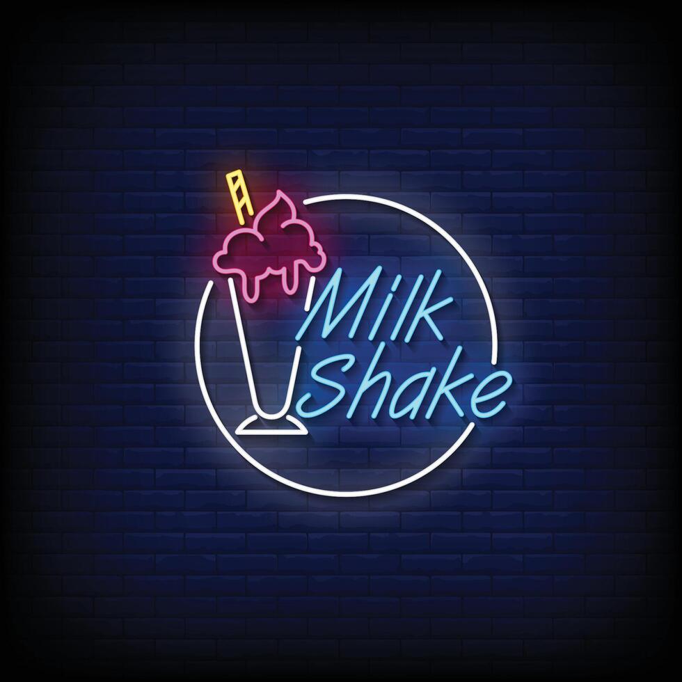 Neon Sign milk shake with brick wall background vector