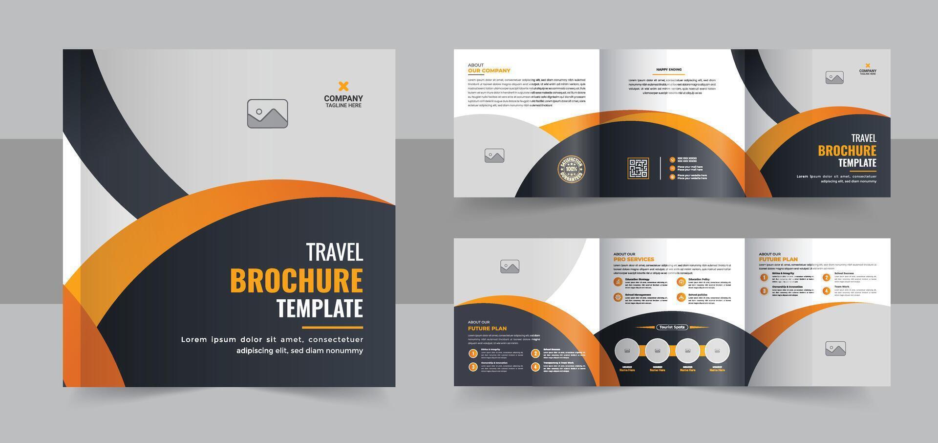 Travel square trifold brochure design layout, square trifold travel company profile brochure vector