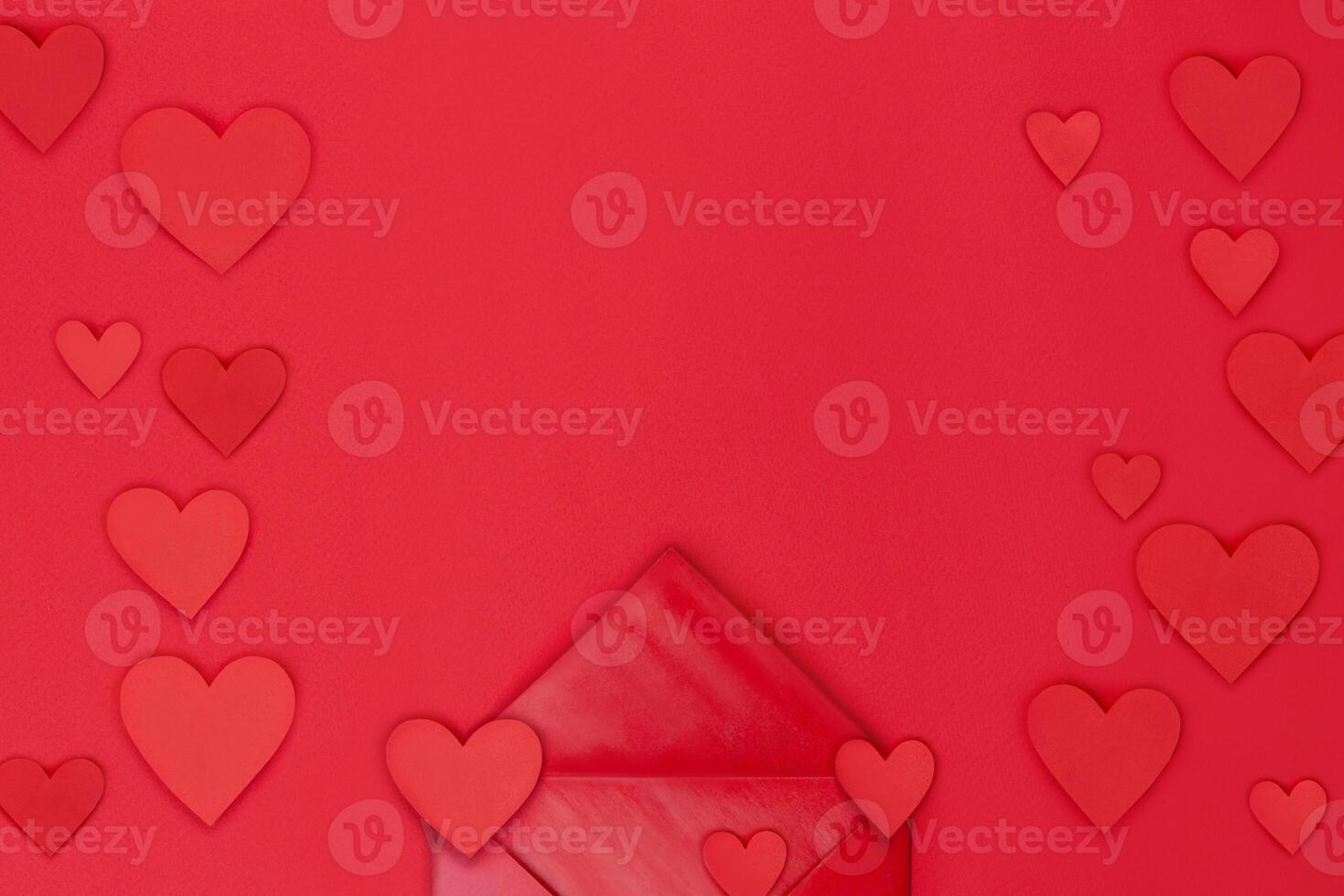 Love letter, Paper envelope and hearts red background. Hearts frame copy space for your text banner photo