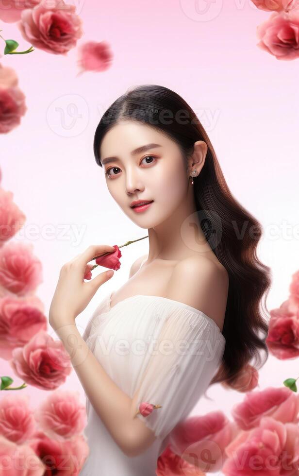 AI generated a woman in white dress surrounded by pink roses photo