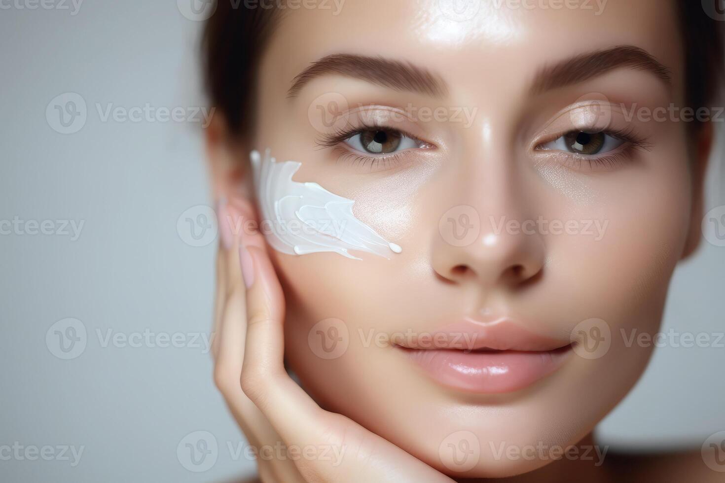 AI generated Close up shoot of beautiful woman skin face with applied cream photo