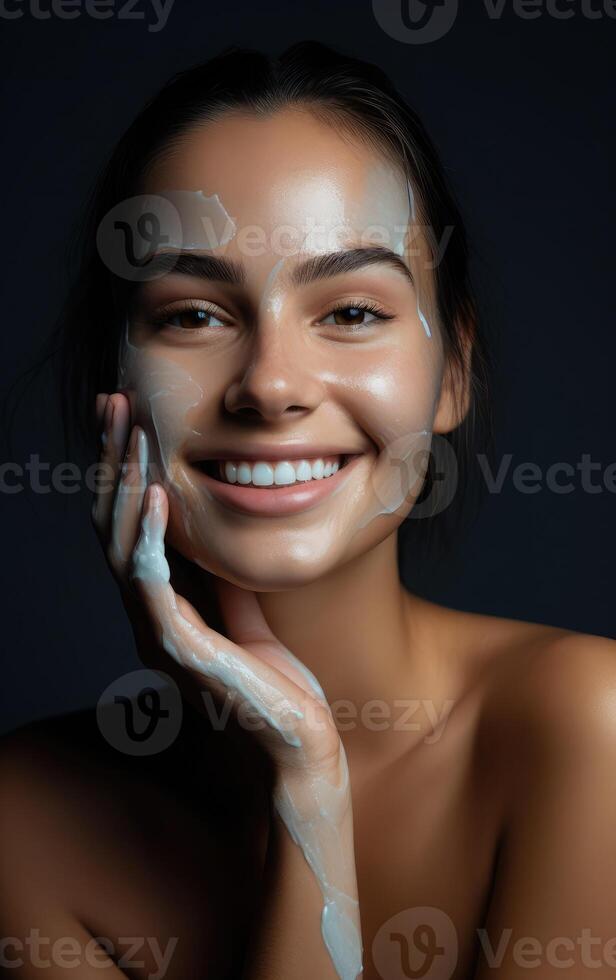 AI generated Close up shoot of beautiful woman skin face with applied cream photo