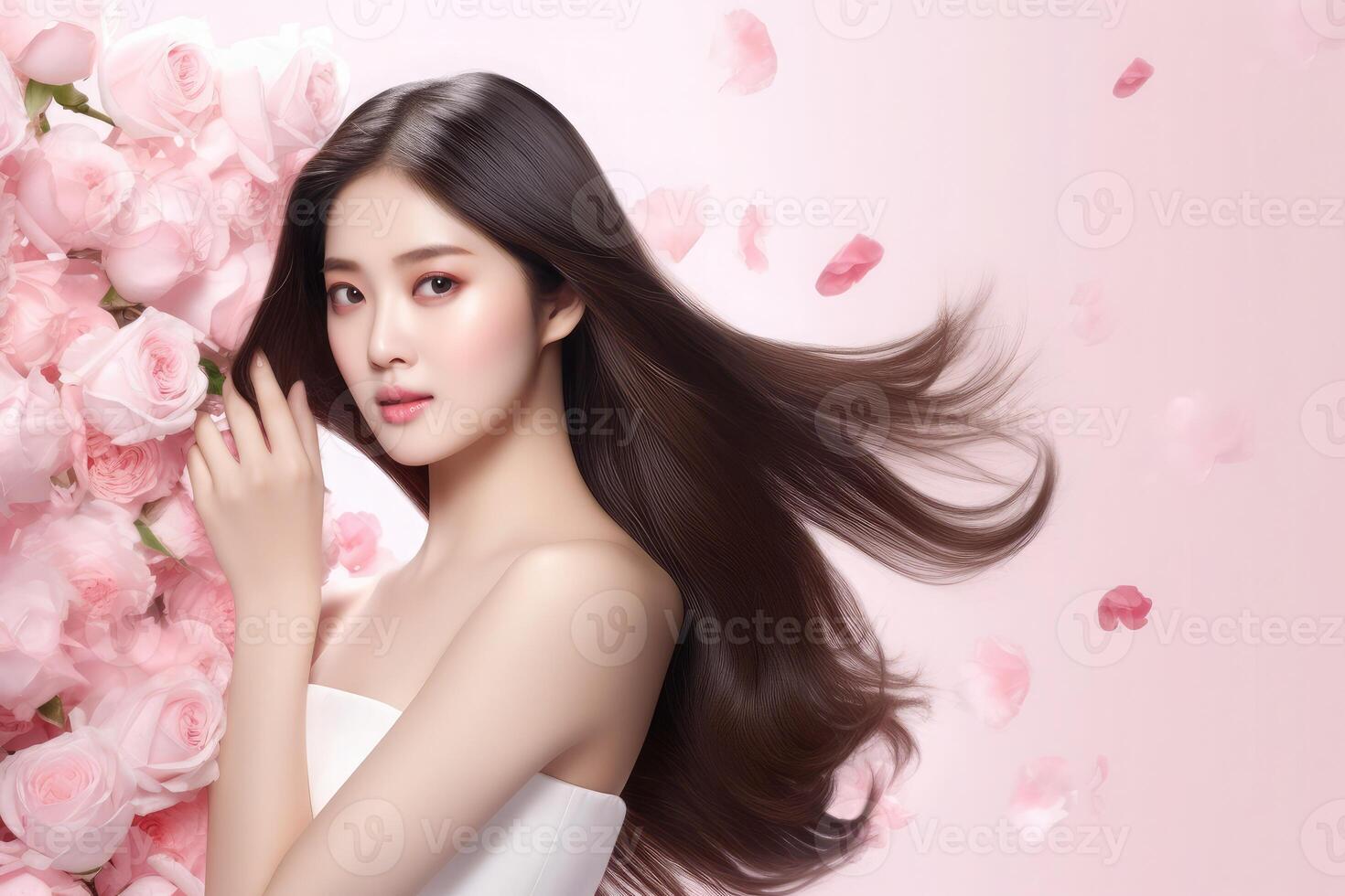 ai generado hermosa asiático mujer con largo pelo y rosado flores foto