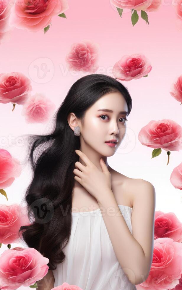 AI generated a woman with long black hair and pink roses photo