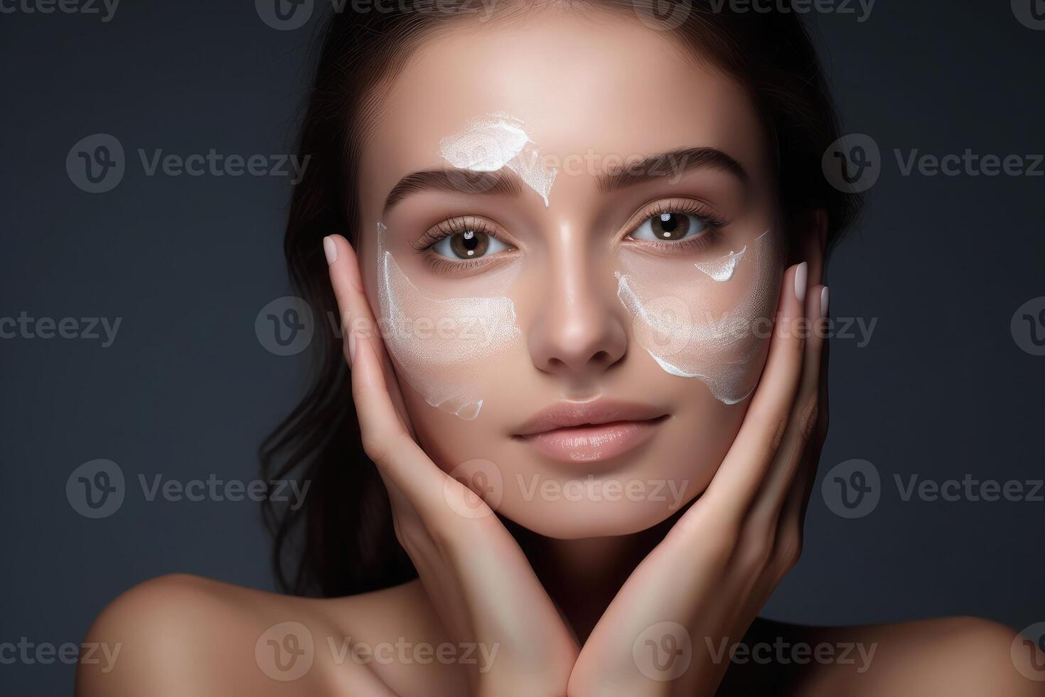 AI generated Close up shoot of beautiful woman skin face with applied cream photo