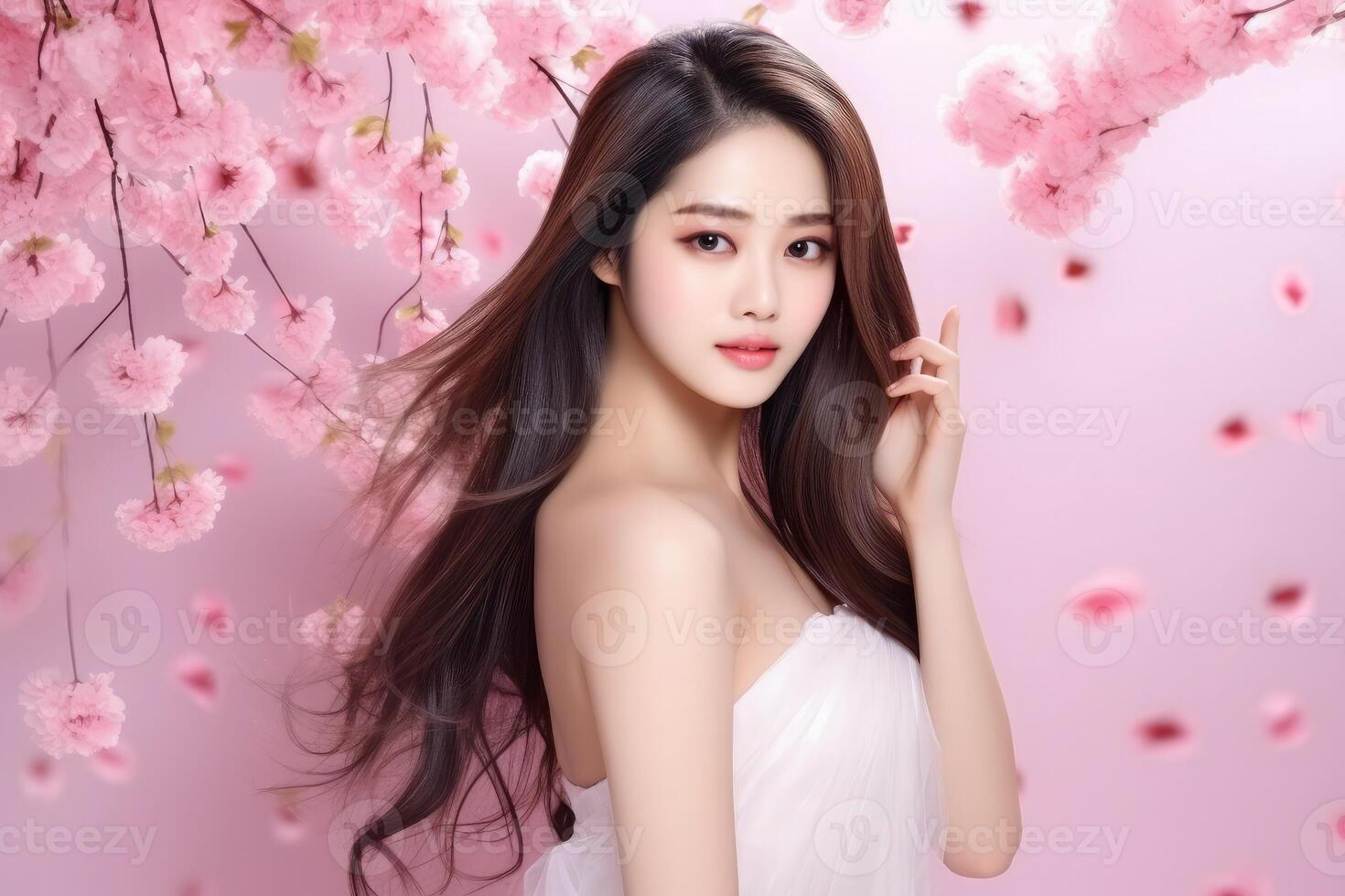 AI generated beautiful asian woman with long hair posing in front of pink flowers photo