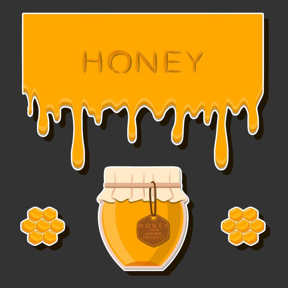 Illustration on theme sugary flowing down honey in honeycomb with bee vector