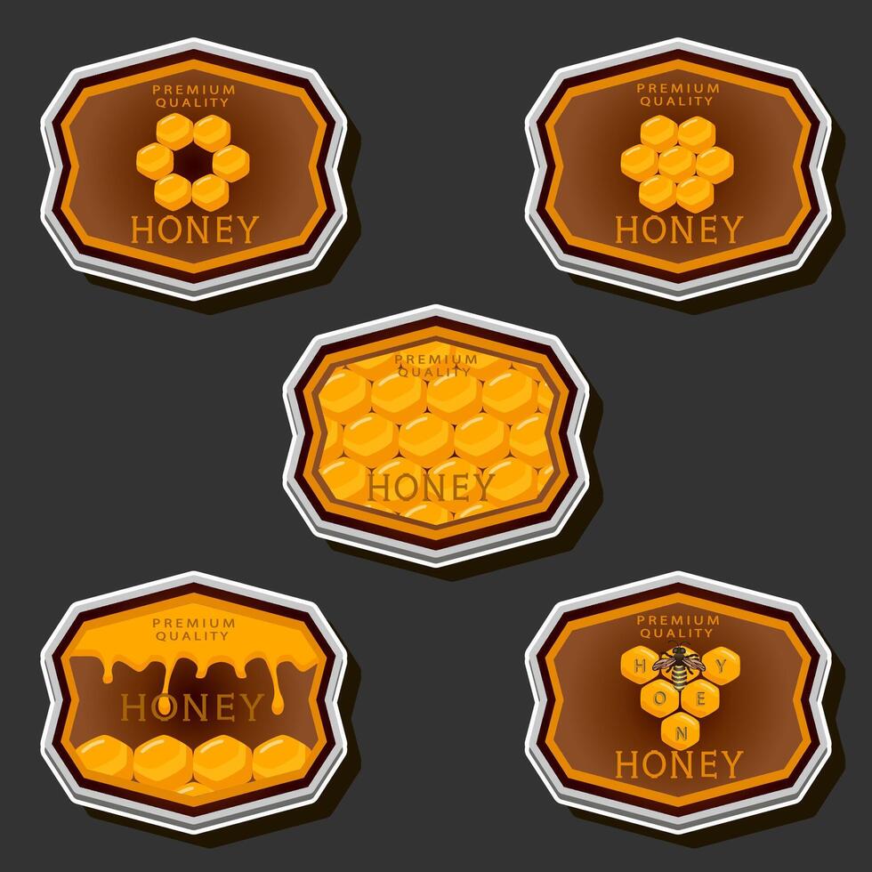 Illustration on theme for label of sugary flowing down honey in honeycomb with bee vector