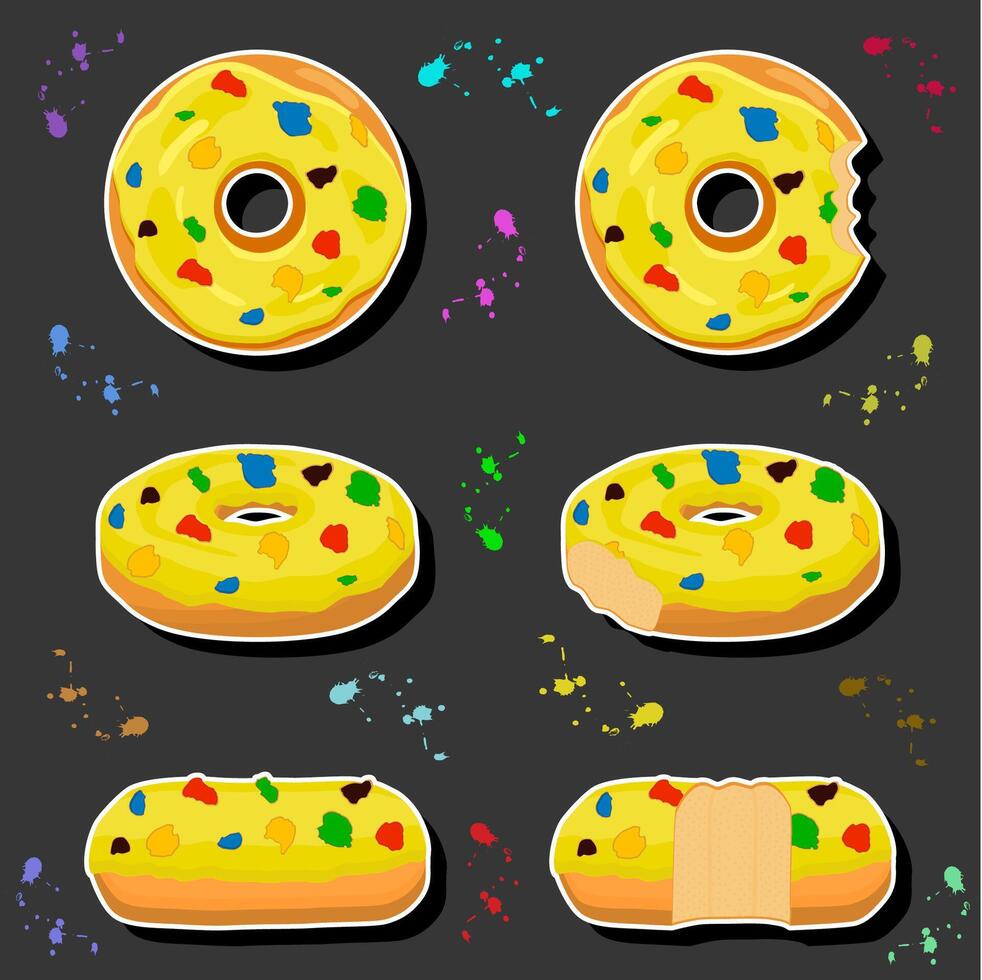 Illustration on theme big set different types sticky donuts, sweet doughnuts various size vector