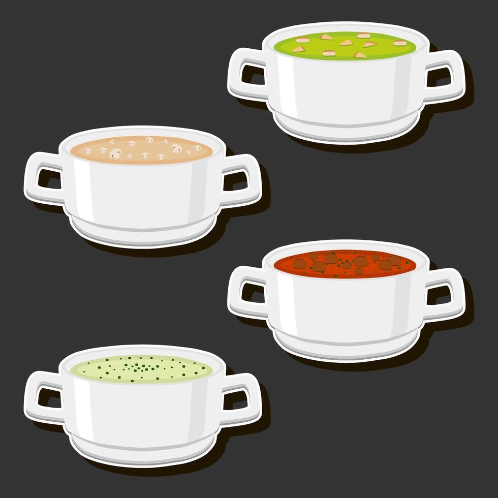 Illustration on theme big set various types beautiful tasty edible hot homemade soups vector