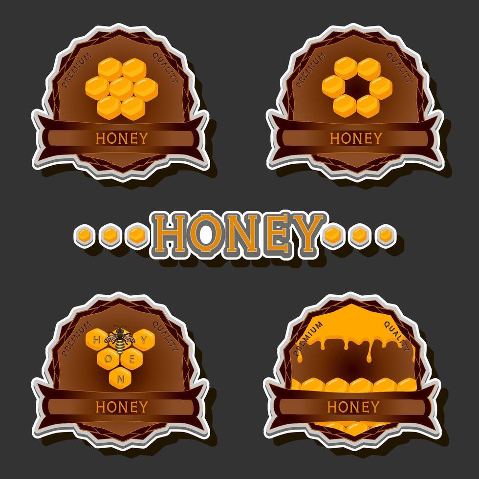 Illustration on theme for label of sugary flowing down honey in honeycomb with bee vector