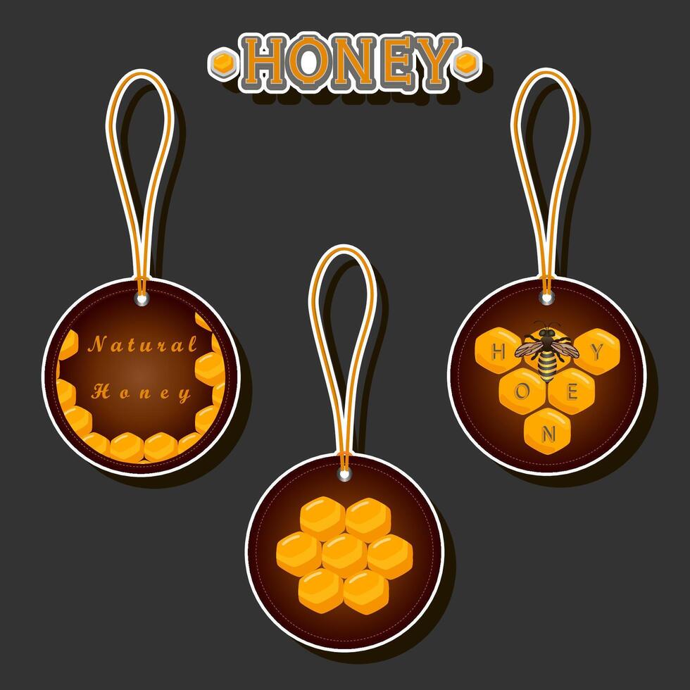 Illustration on theme for label of sugary flowing down honey in honeycomb with bee vector