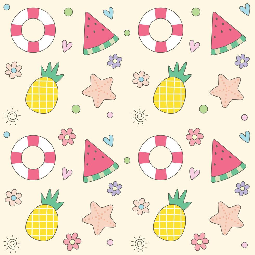 cute colorful vibrant summer seamless pattern hand draw with summer elements, textiles, clothing, wrapping paper, cover, banner, home decor, abstract backgrounds vector illustration