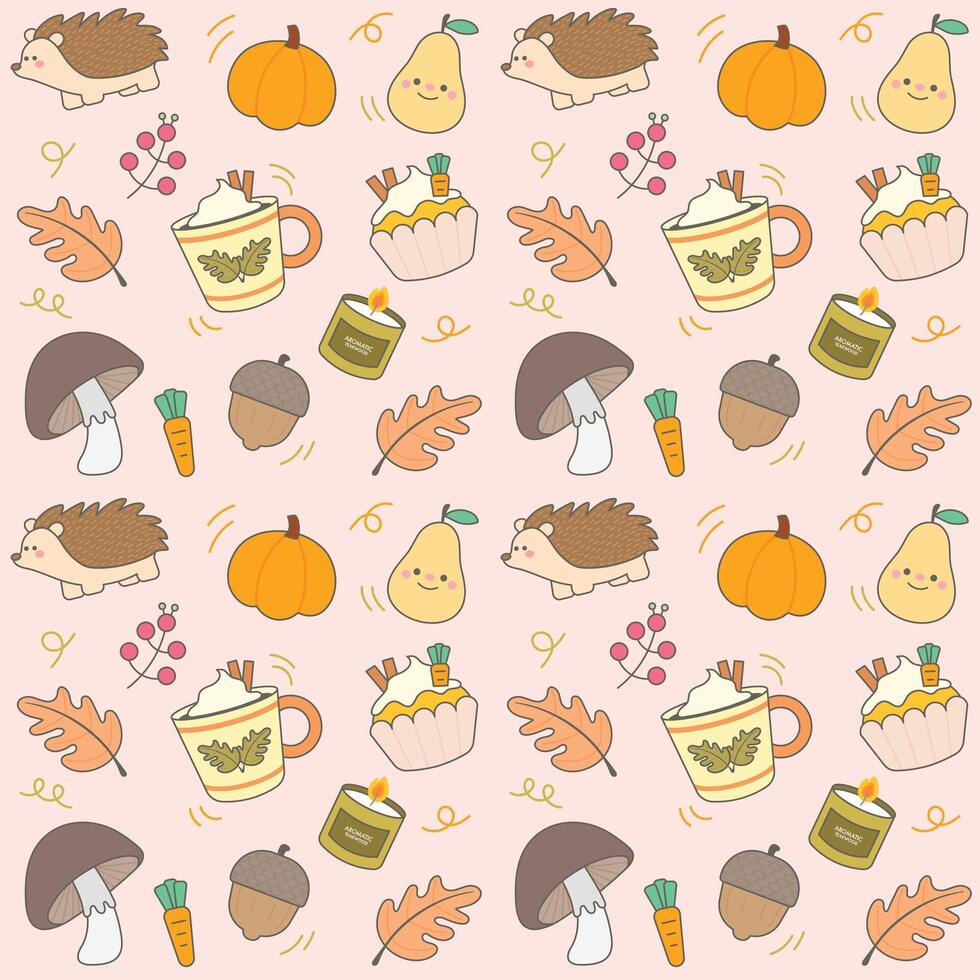 cute colorful vibrant sweet autumn seamless pattern hand drawn with autumn elements, textiles, clothing, wrapping paper, cover, banner, home decor, abstract backgrounds vector illustration