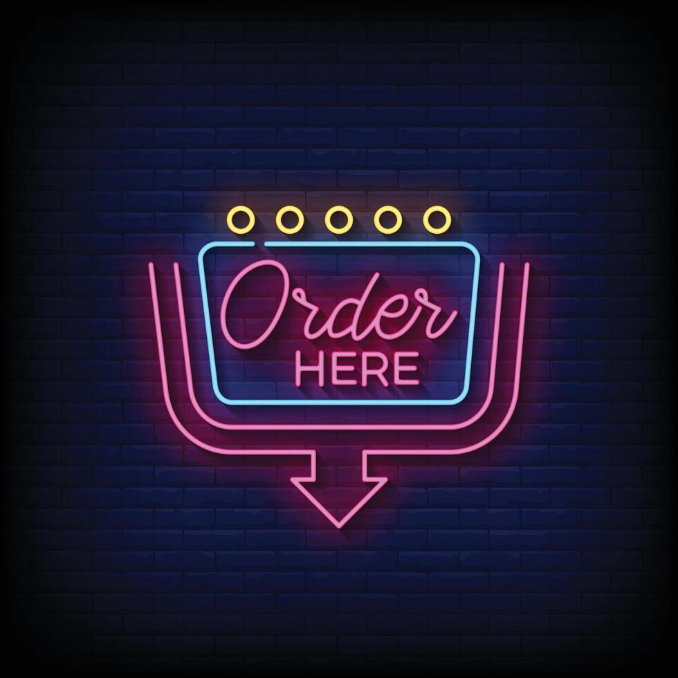 Neon Sign order here with brick wall background vector