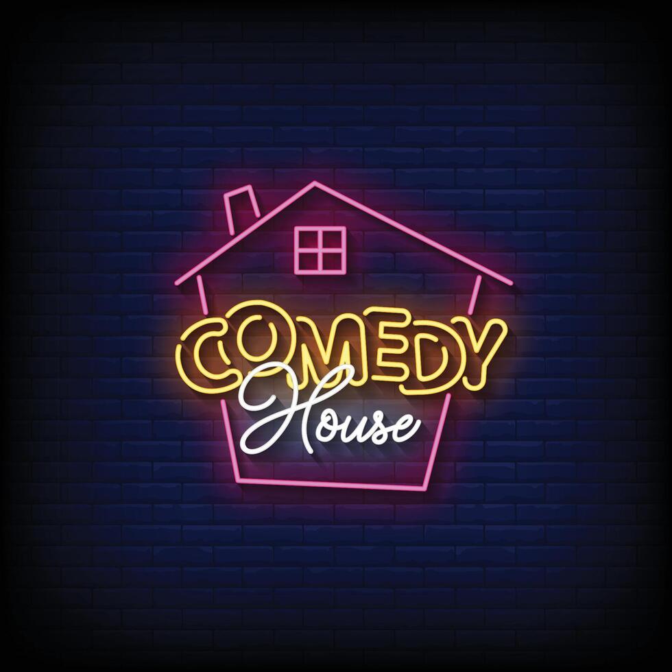 Neon Sign comedy house with brick wall background vector