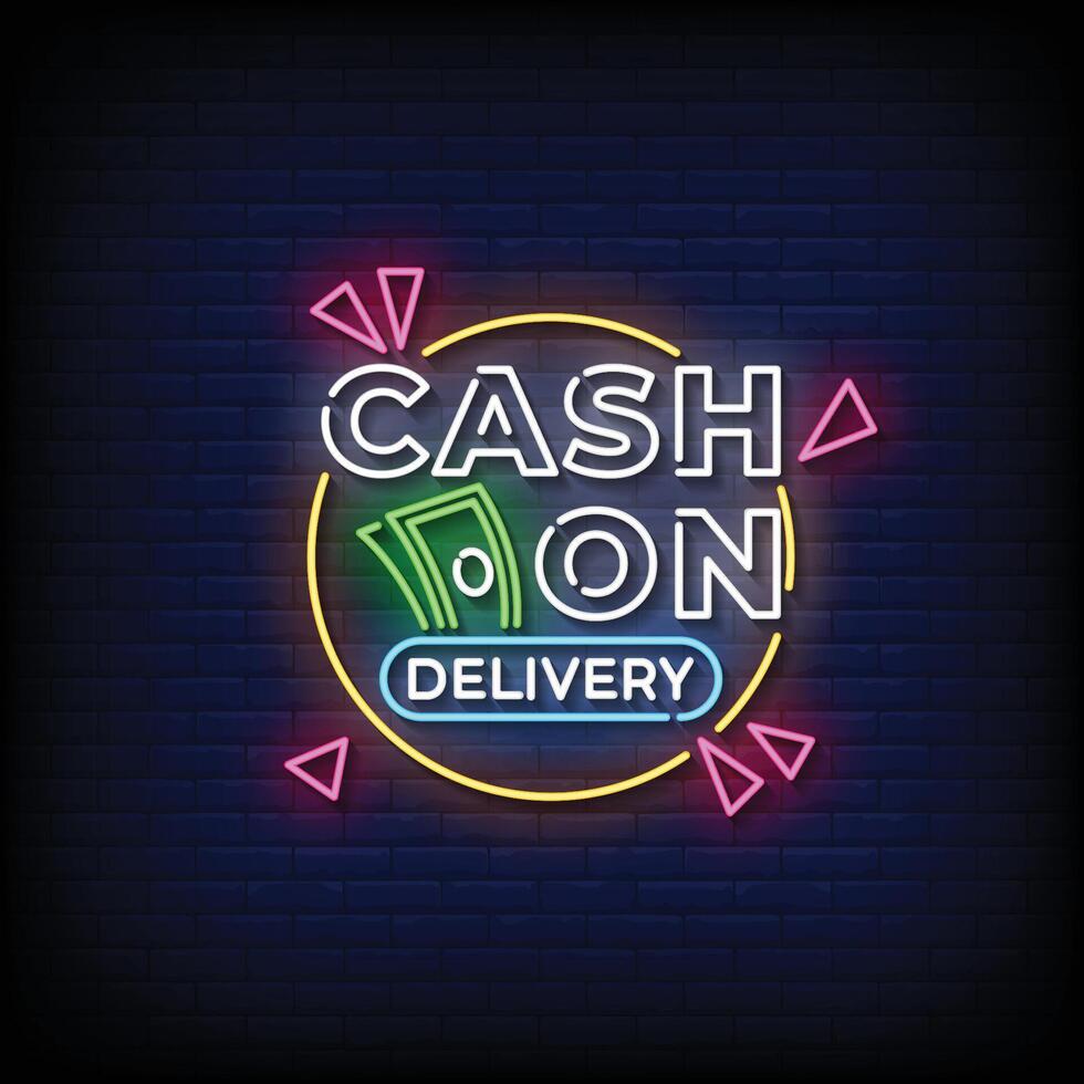 Neon Sign cash on delivery with brick wall background vector