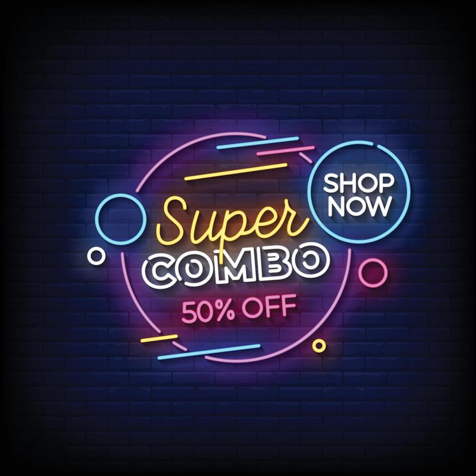 Neon Sign super combo with brick wall background vector